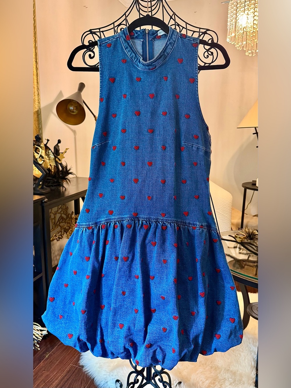 Blue Denim Heart-Print Bubble Dress